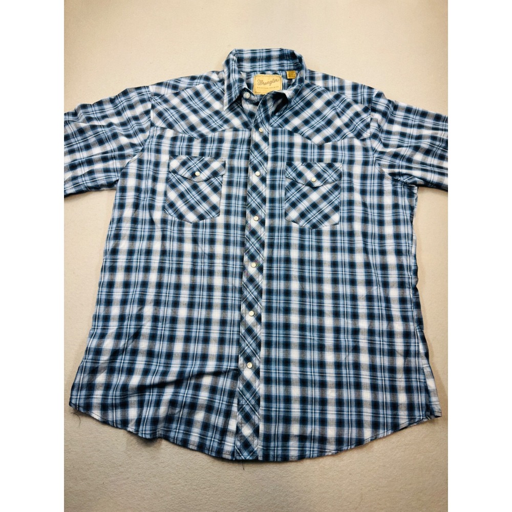 Wrangler Western Shirt Mens XL Blue White Plaid Pearl Snap Long Sleeve Cowboy